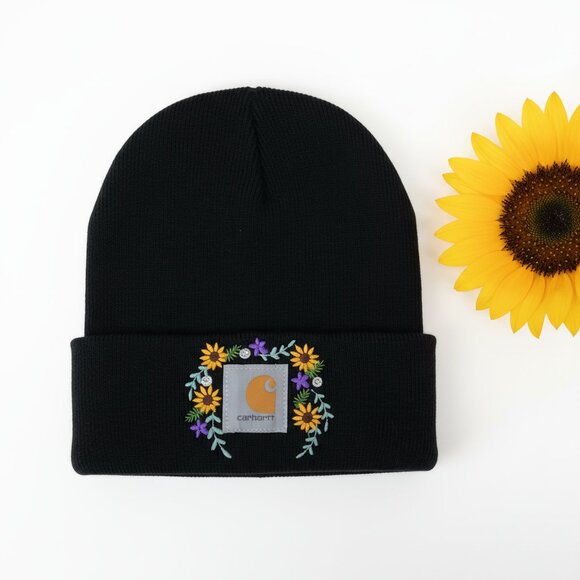 Embroidered Sunflowers Flowers on Black Knit Women's Hat - Picture 1 of 3